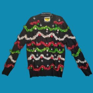 Tipsy Elves Midnight Garland Ugly Christmas Sweater Size XL Holiday Party Black